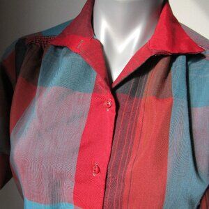 Nobby retro red plaid blouse short rollup sleeve, size small.